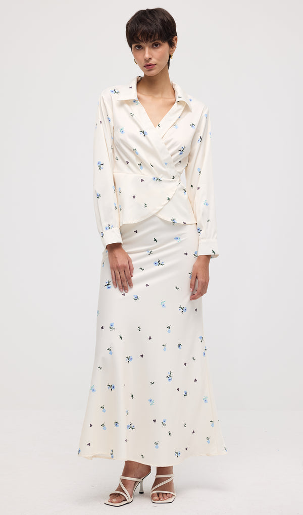 Floral Print Satin Maxi Skirt Two Piece Set