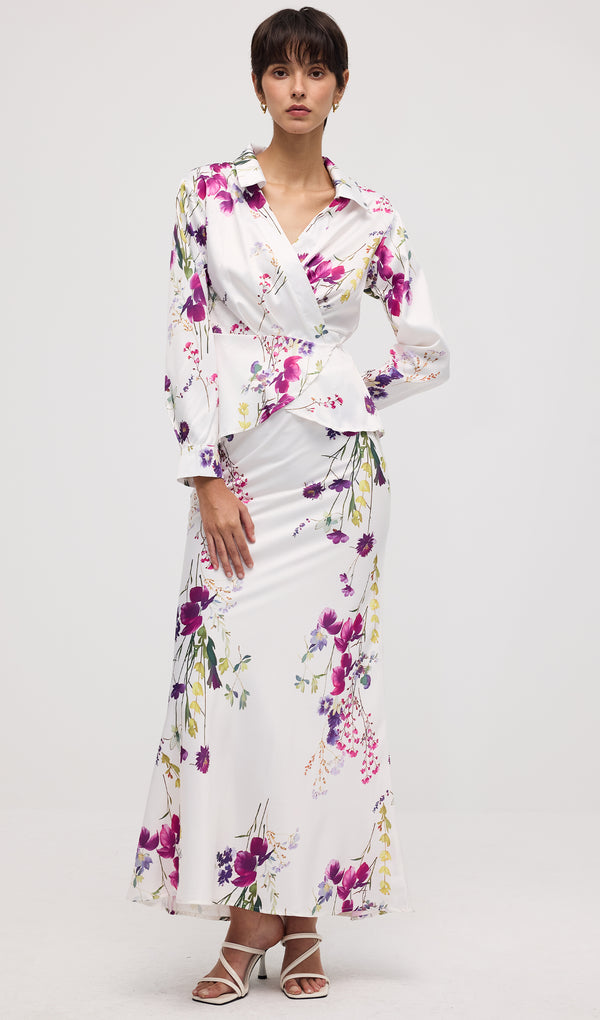 Floral Print Satin Maxi Skirt Two Piece Sets