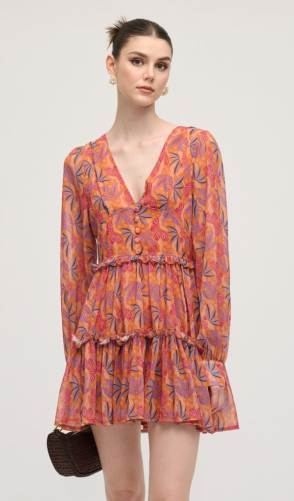 Floral Print V Neck Lantern Sleeve Mini Dress