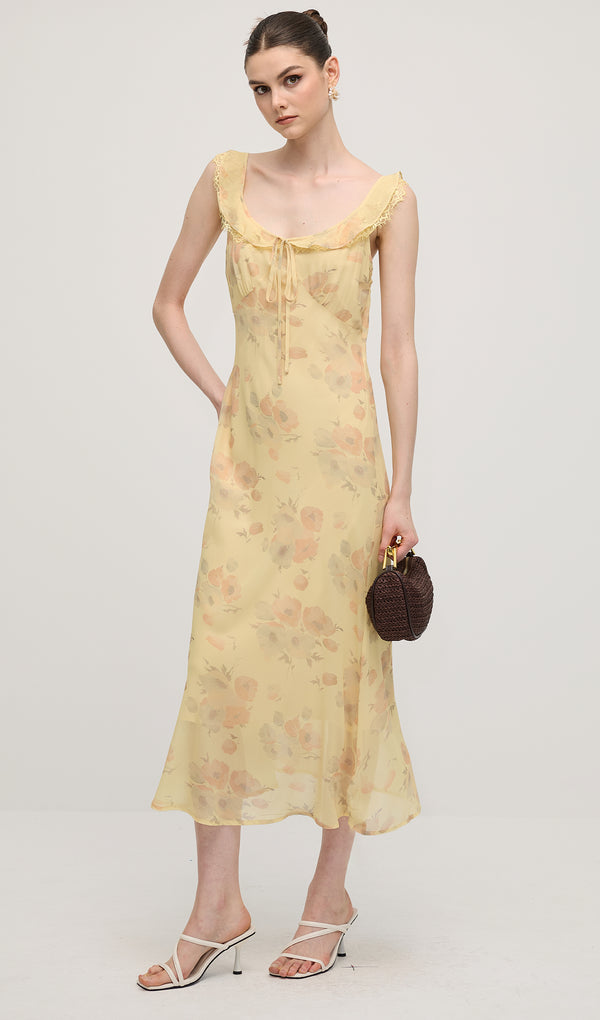 Floral Print V Neck Slit Midi Dress