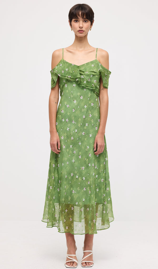 Floral Printed Ruffled Mesh Midi Dress