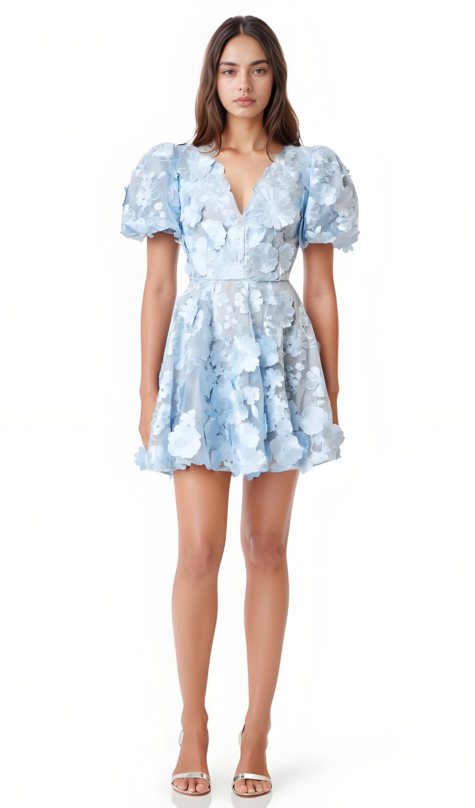 Floral Puff Sleeve Mini Dress In Blue – Queena Wish