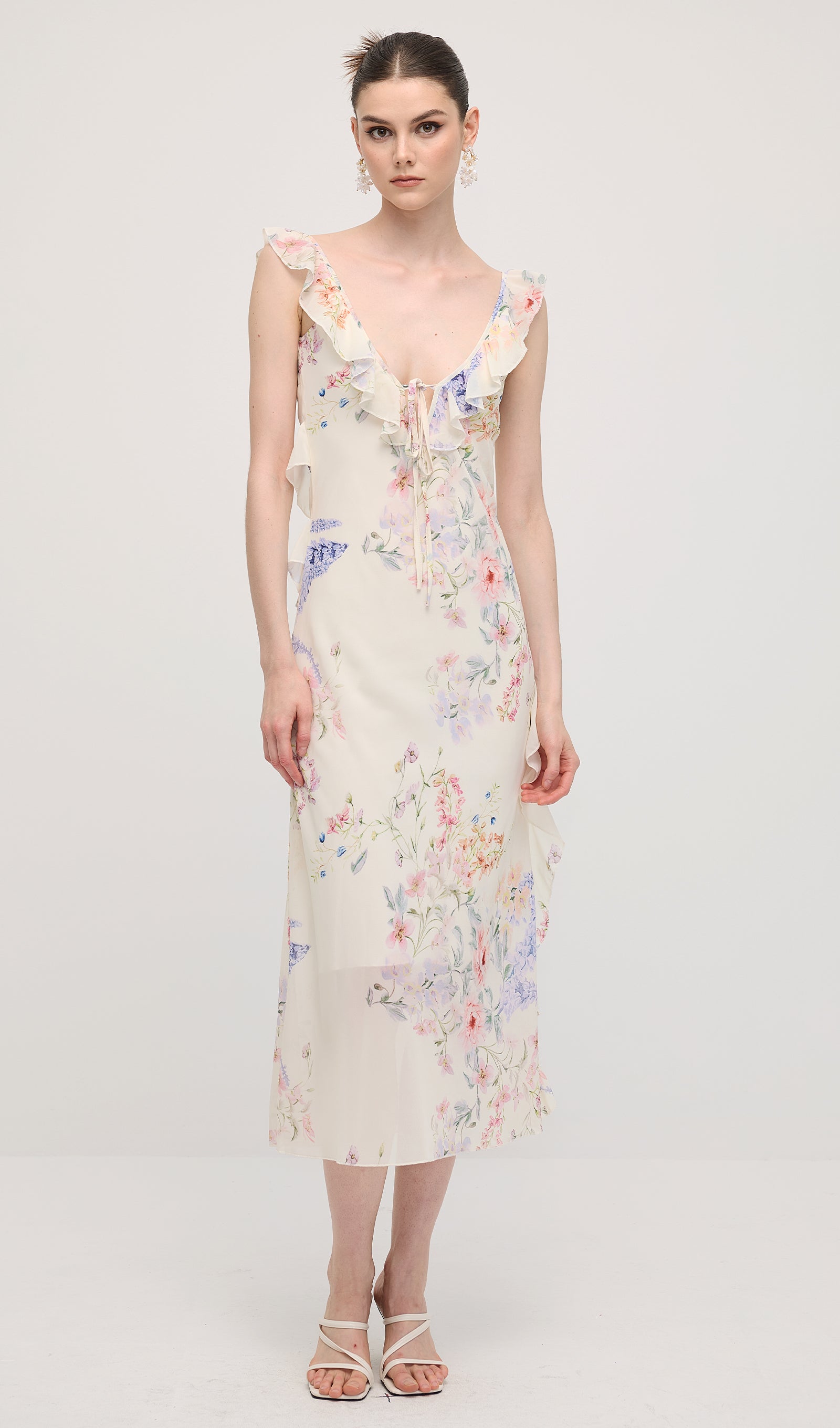 Midikleid in A-Linie mit Blumenmuster und Laternenärmeln