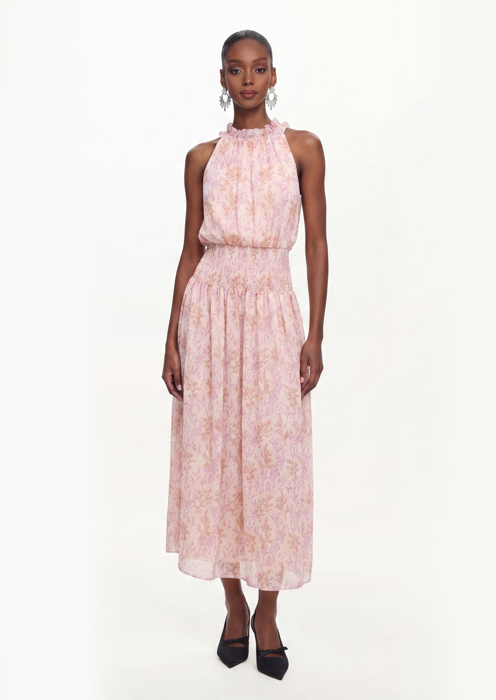 Midikleid in A-Linie mit Blumenmuster und Laternenärmeln