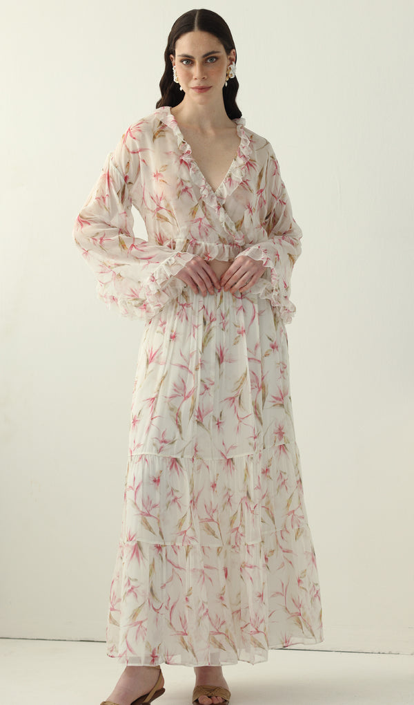 Floral Silk Ruffle Two Piece Sets