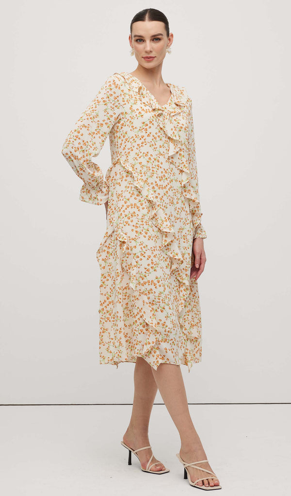 Floral V Neck Ruffled Midi Dress