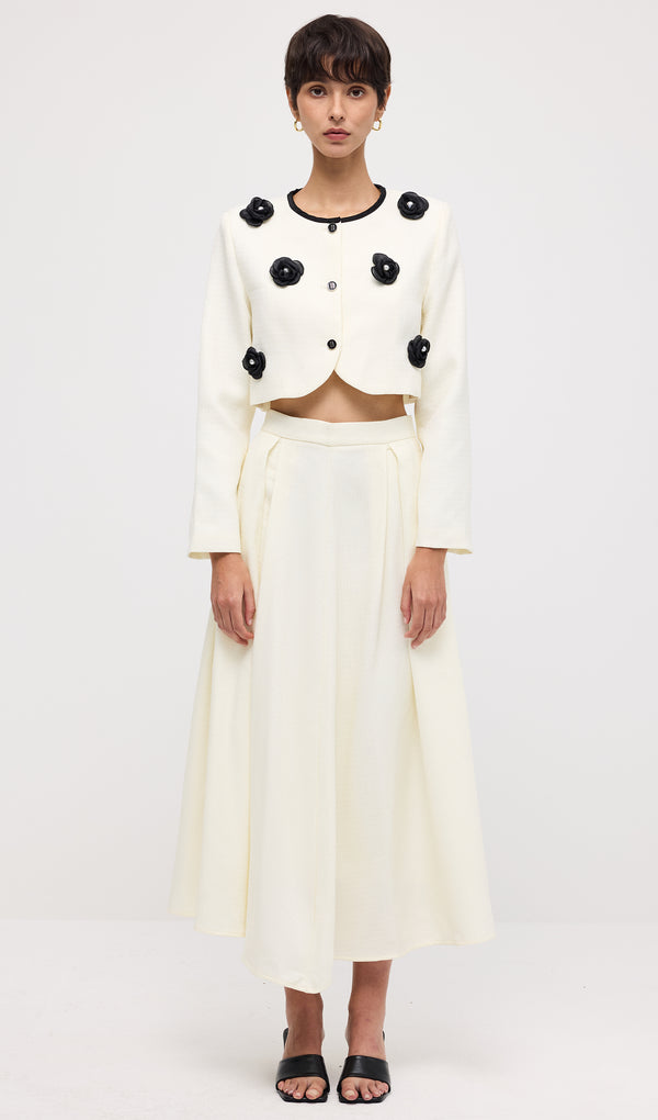 Flower Decorated Buttons Top & Midi Pleated Skirt Set