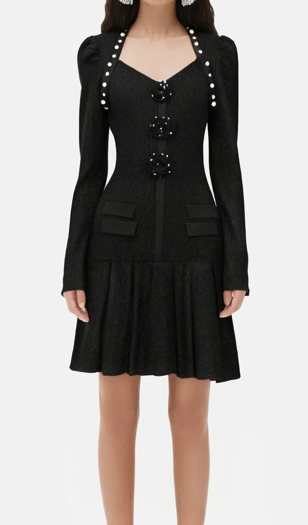 Flower Knit Mini Dress In Black