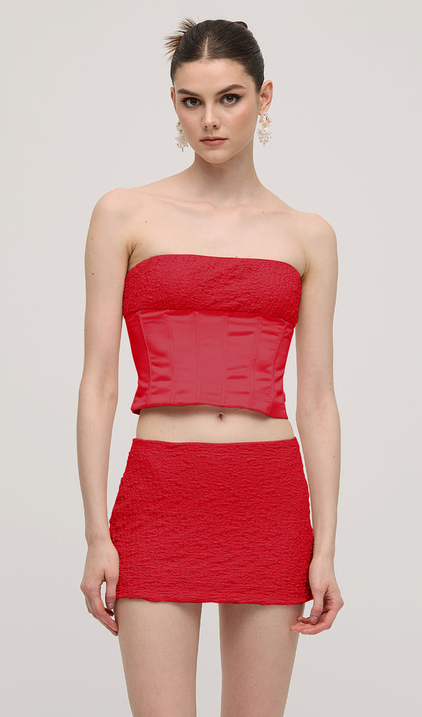 Frill Textured Tube Top And Mini Skirt Sets In Red
