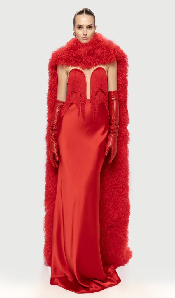 Fringe Detail Satin Maxi Dress With Fur Collar