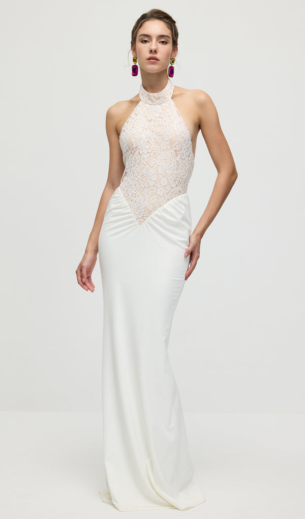 Gathered Lace Jersey Halterneck Dress