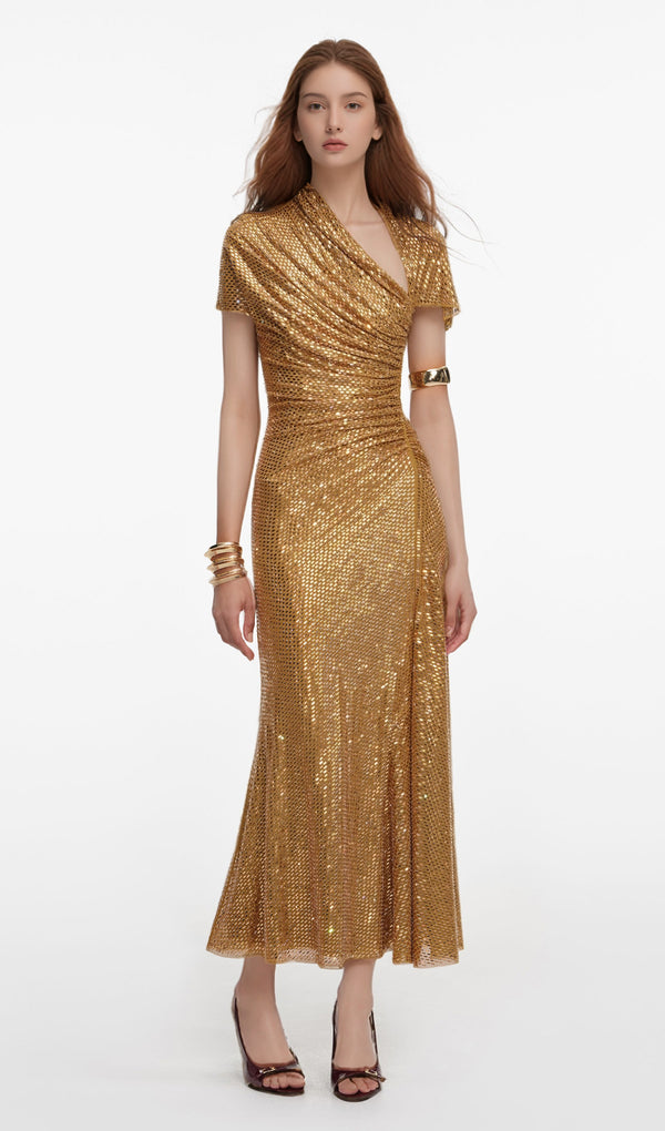 Gold Rhinestone Drape Midi Dress
