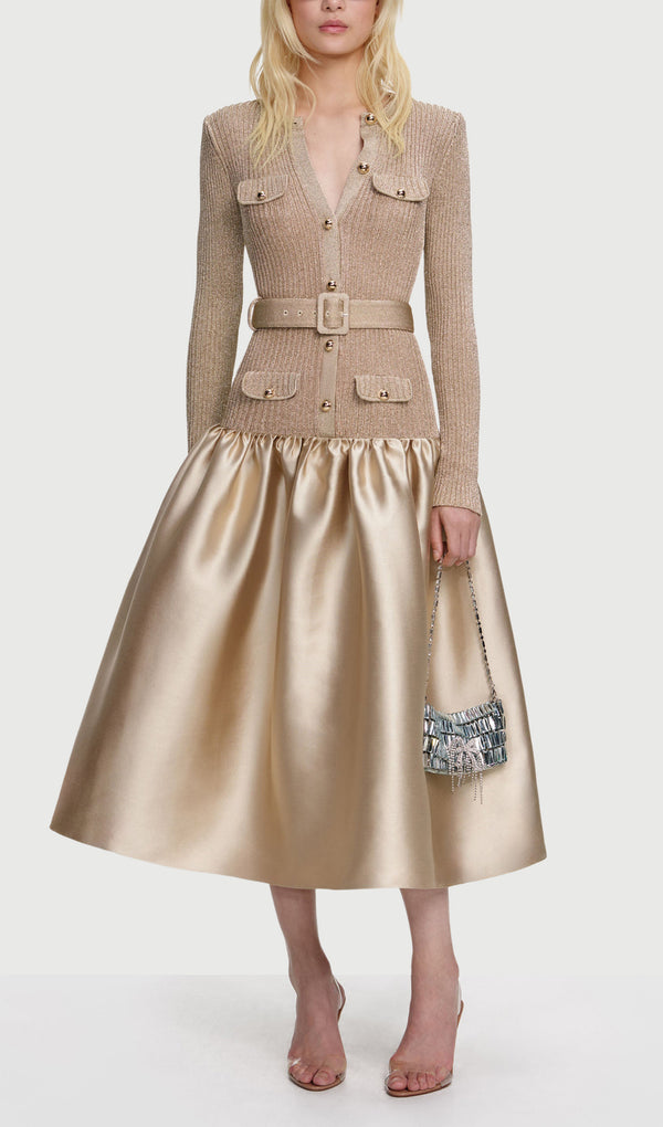Gold Knit Taffeta Midi Dress