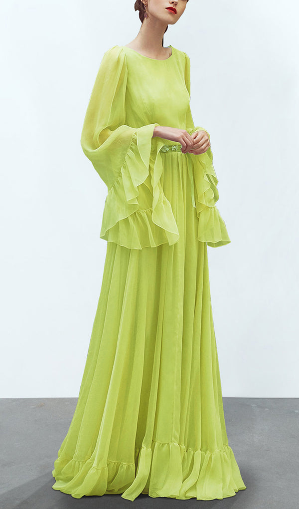 Flared Sleeve Ruffle Fit and Flare Maxi Dress