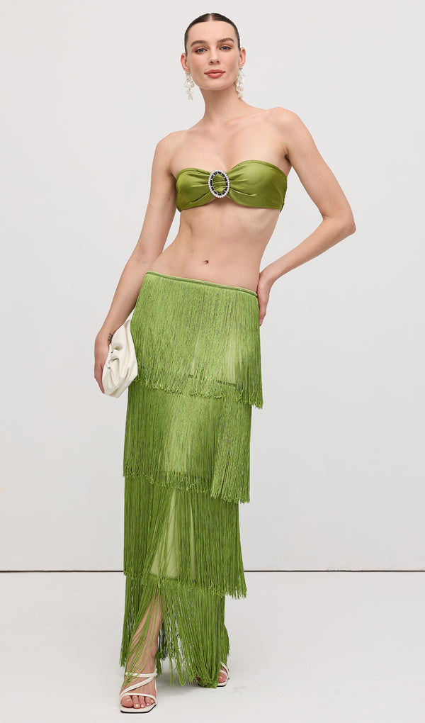 Green Bralette And Layered Maxi Skirt Set