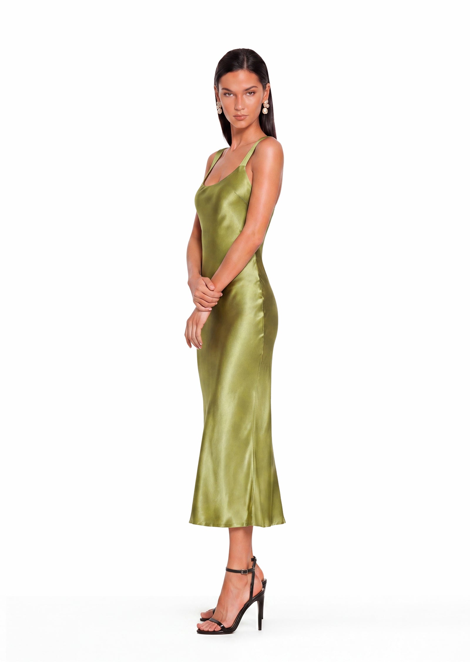 Eachna Sleeveless Satin Midi Dress In Green