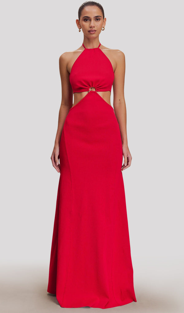 Halter Knit Maxi Dress In Red