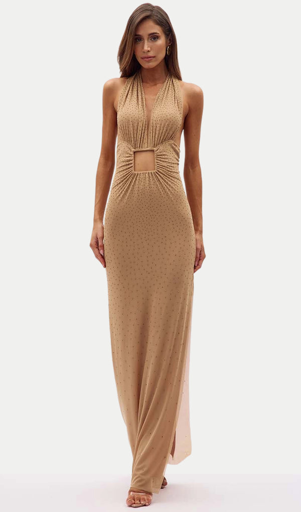 Halter Neck Rhinestone Maxi Dress