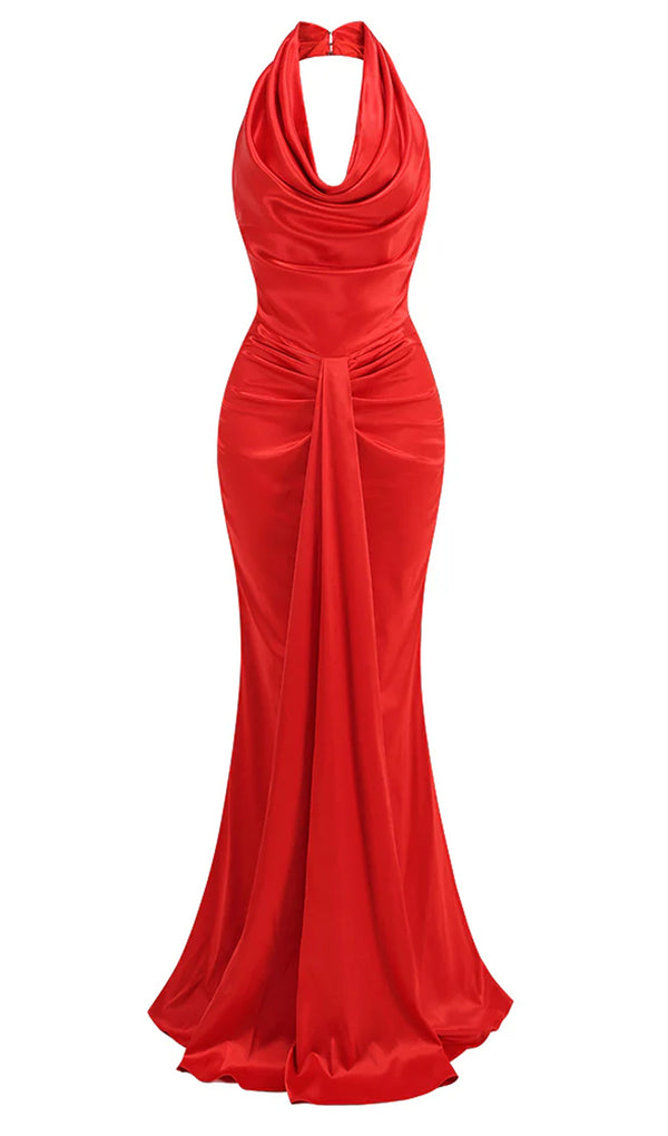 Halter Open Back Mermaid Satin Maxi Dress