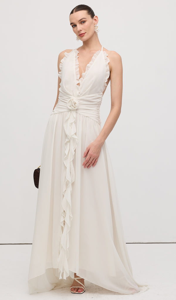 Halter Ruffles Rose Decoration Maxi Dress White