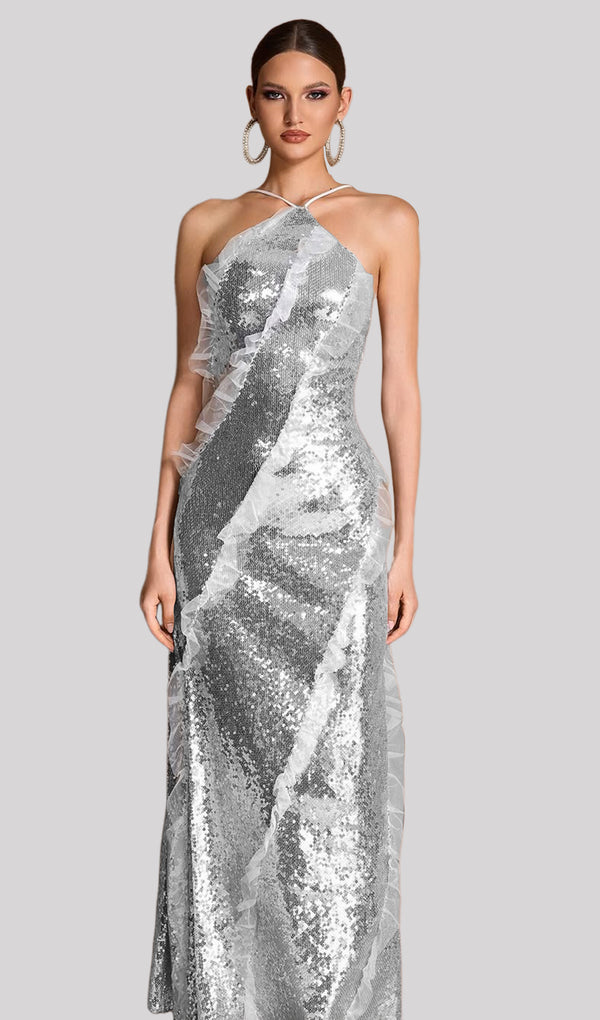 Halter Sequin Maxi Dress With Mesh Ruffle