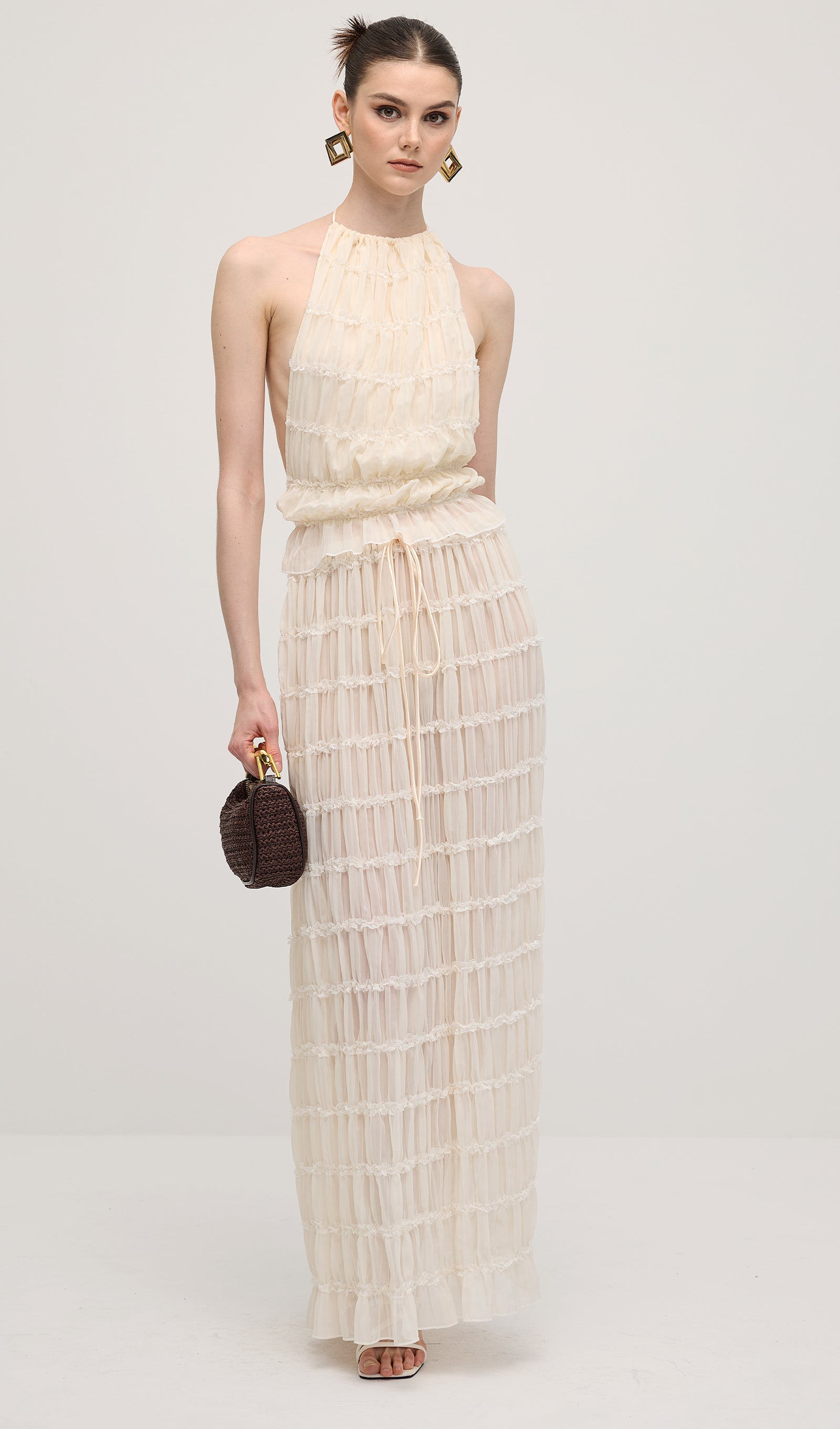 Halter Top & Ruched Detail Maxi Skirt Sets In White