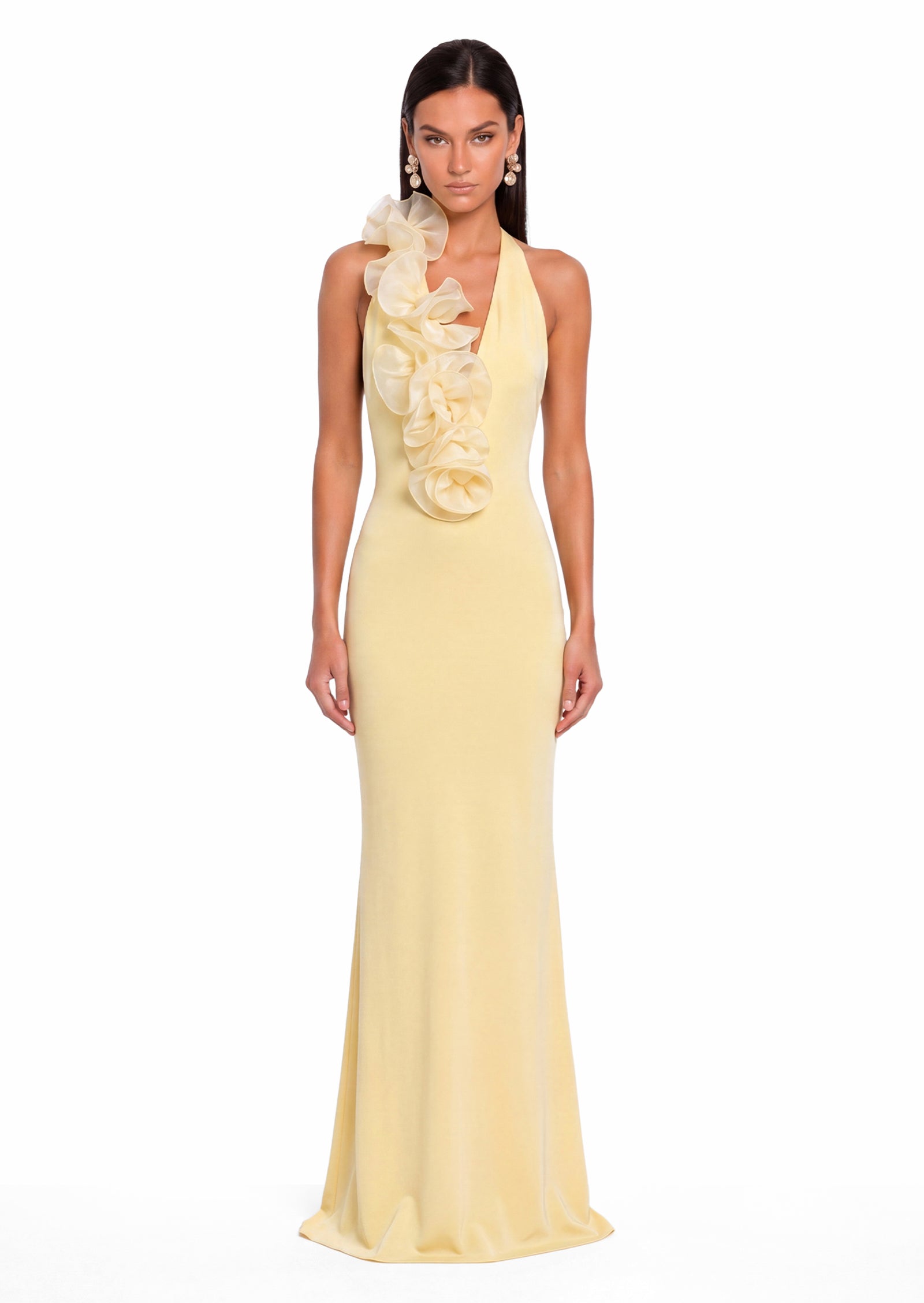 Fahima Deep V-Neck Halter Maxi Dress In Yellow