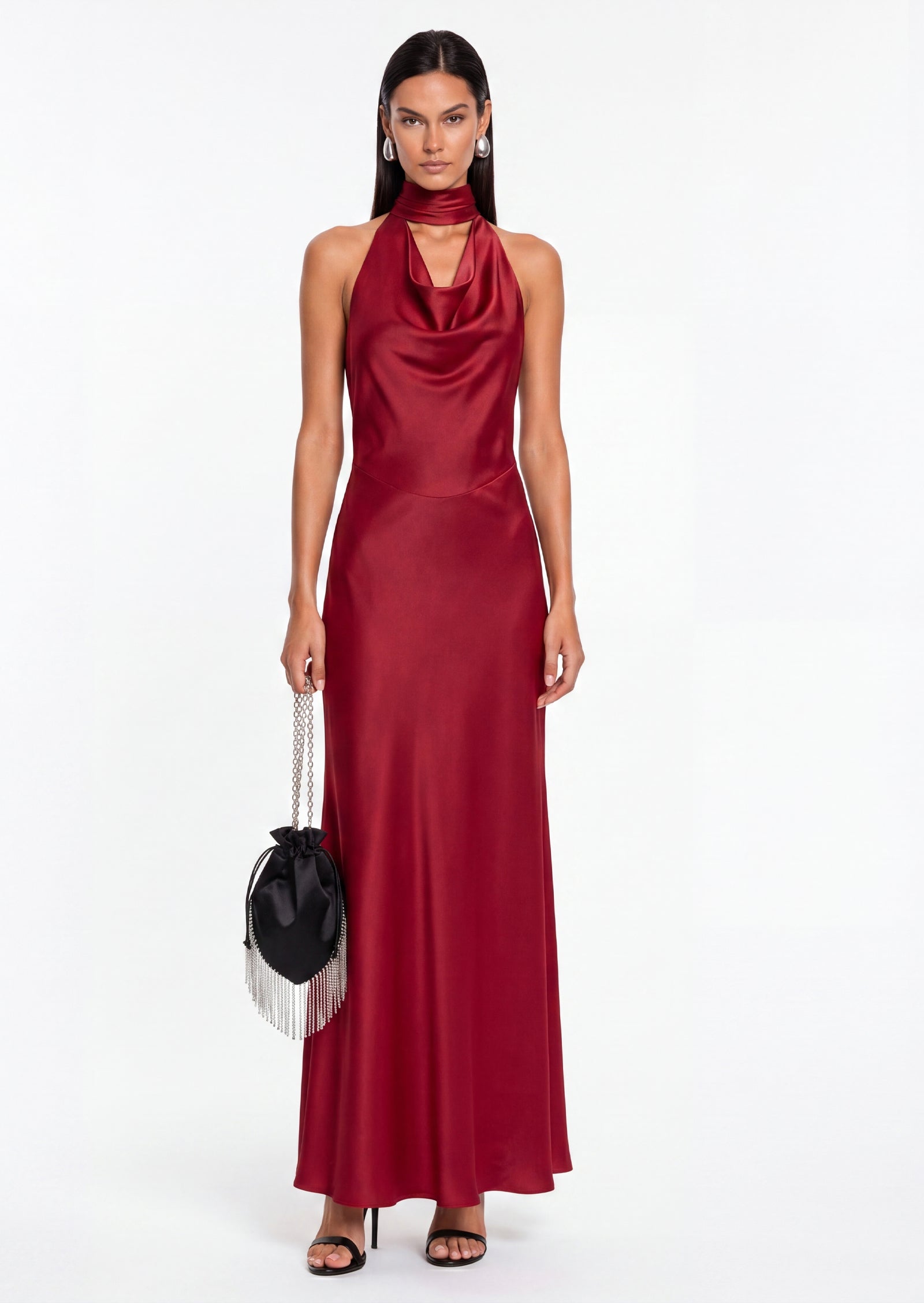 Satin Pearl Decor Maxi Dress In Red