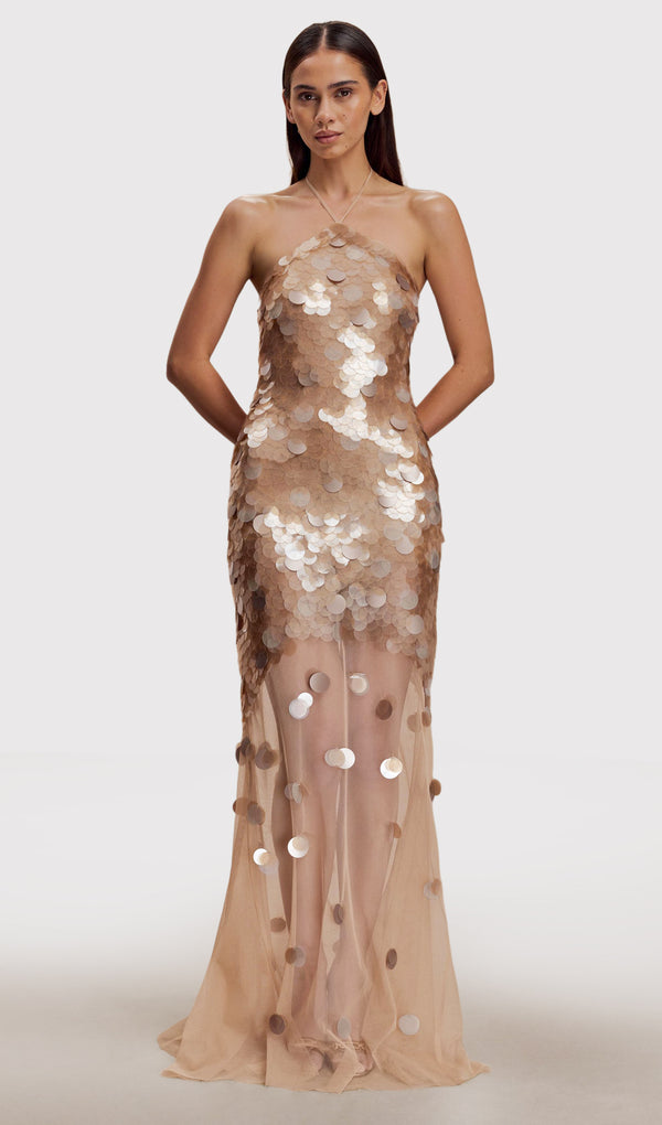 Hand Embellished Maxi Dress In Gold