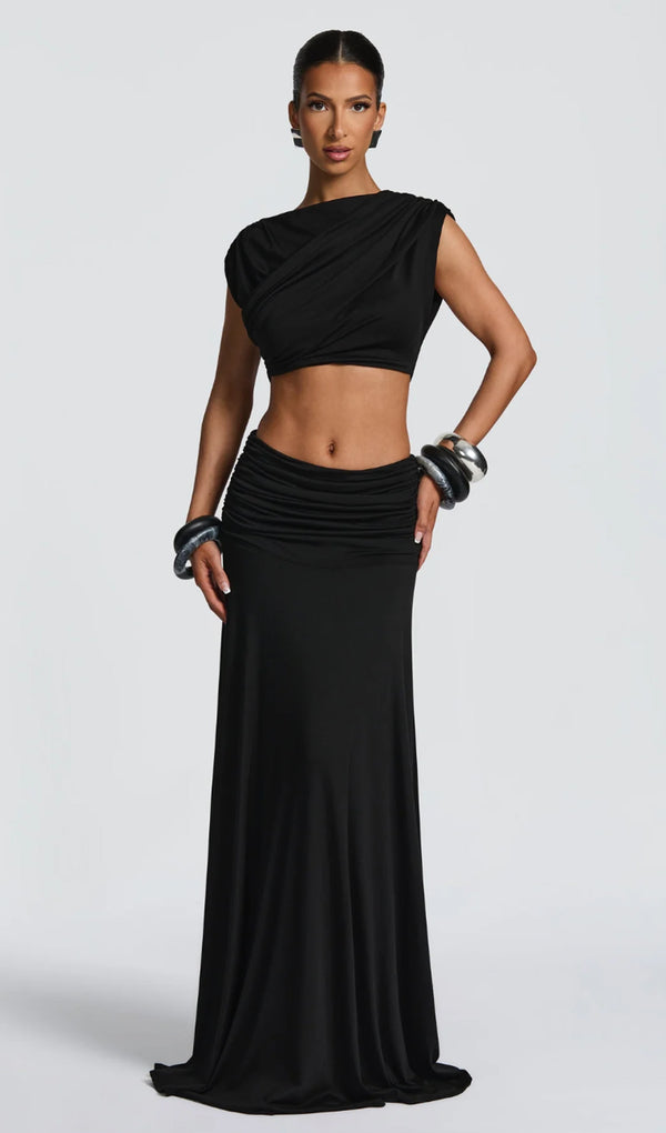 High Boat Neckline & Maxi Drape Skirt Set In Black