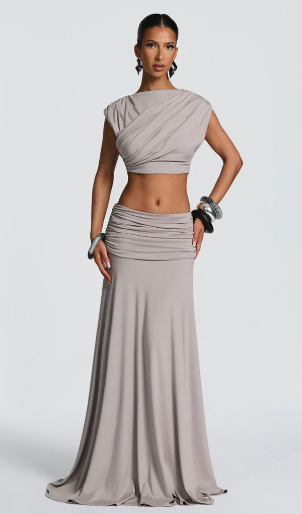 High Boat Neckline & Maxi Drape Skirt Set In Grey