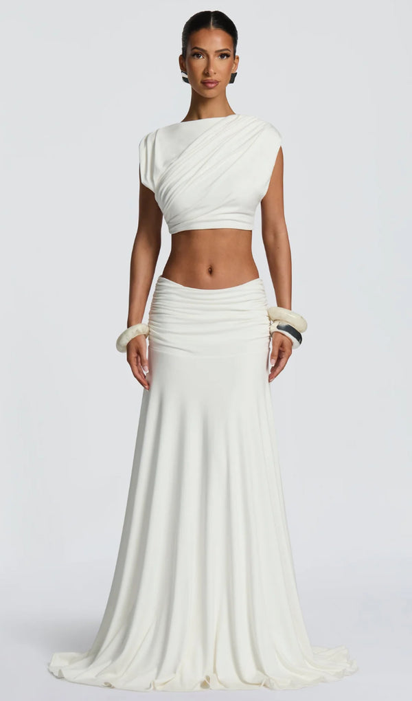 High Boat Neckline & Maxi Drape Skirt Set In Ivory