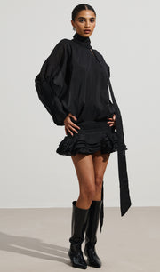 High Neck Tiered Mini Dress In Black