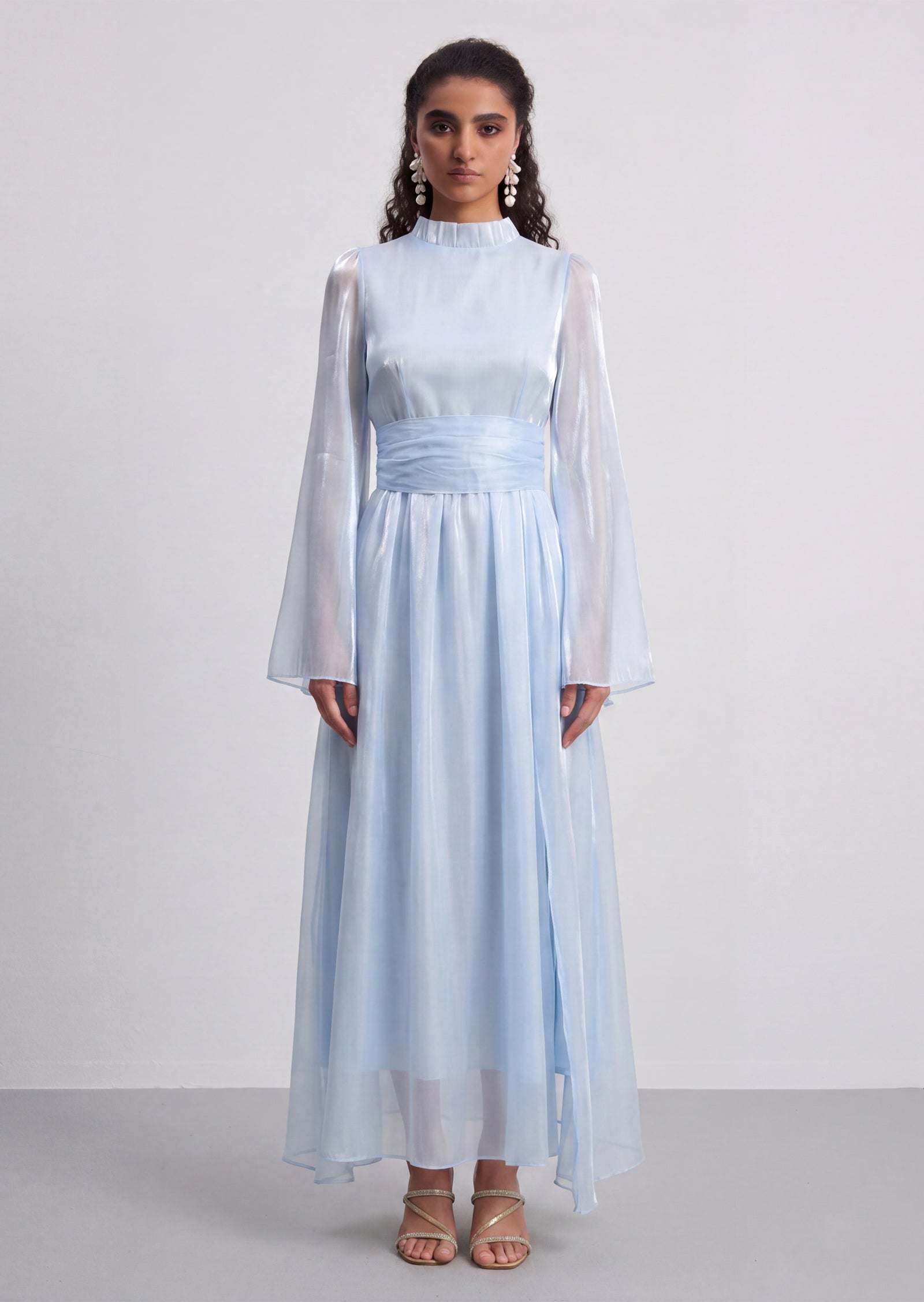 High Neckline Flared Hem Maxi Dress