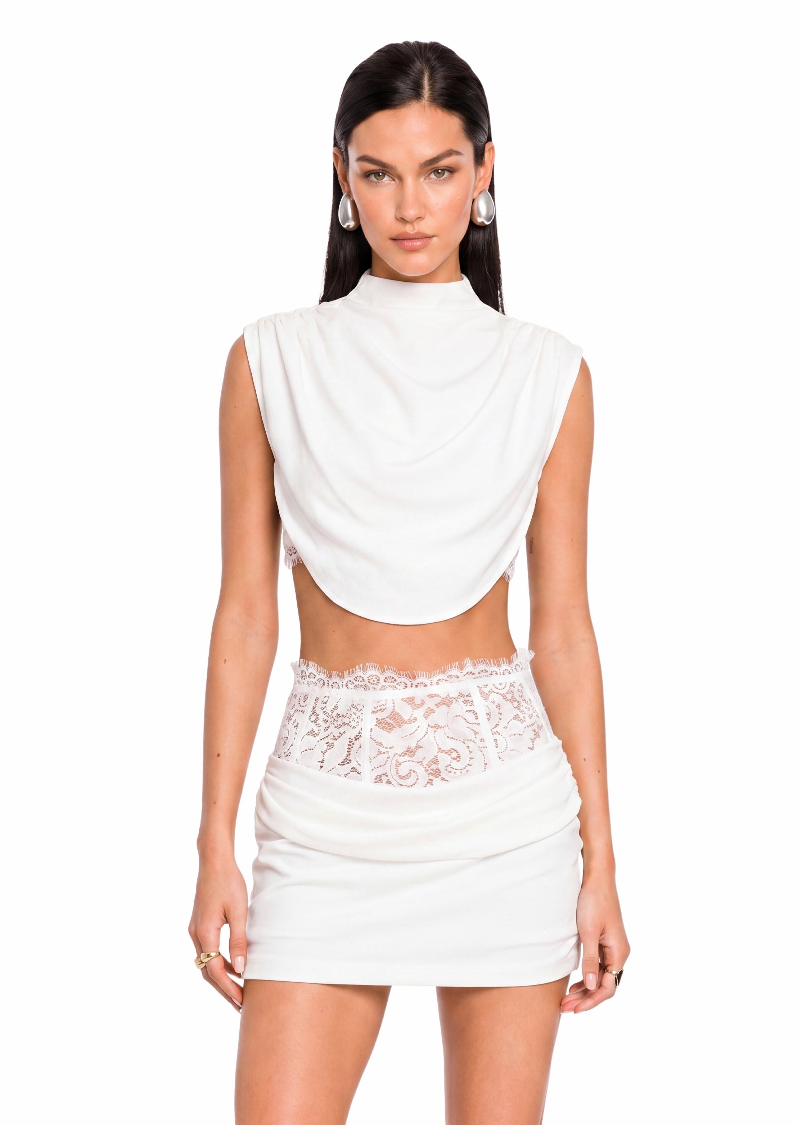 Ichika Satin Top & Mini Skirt With Lace Set In White
