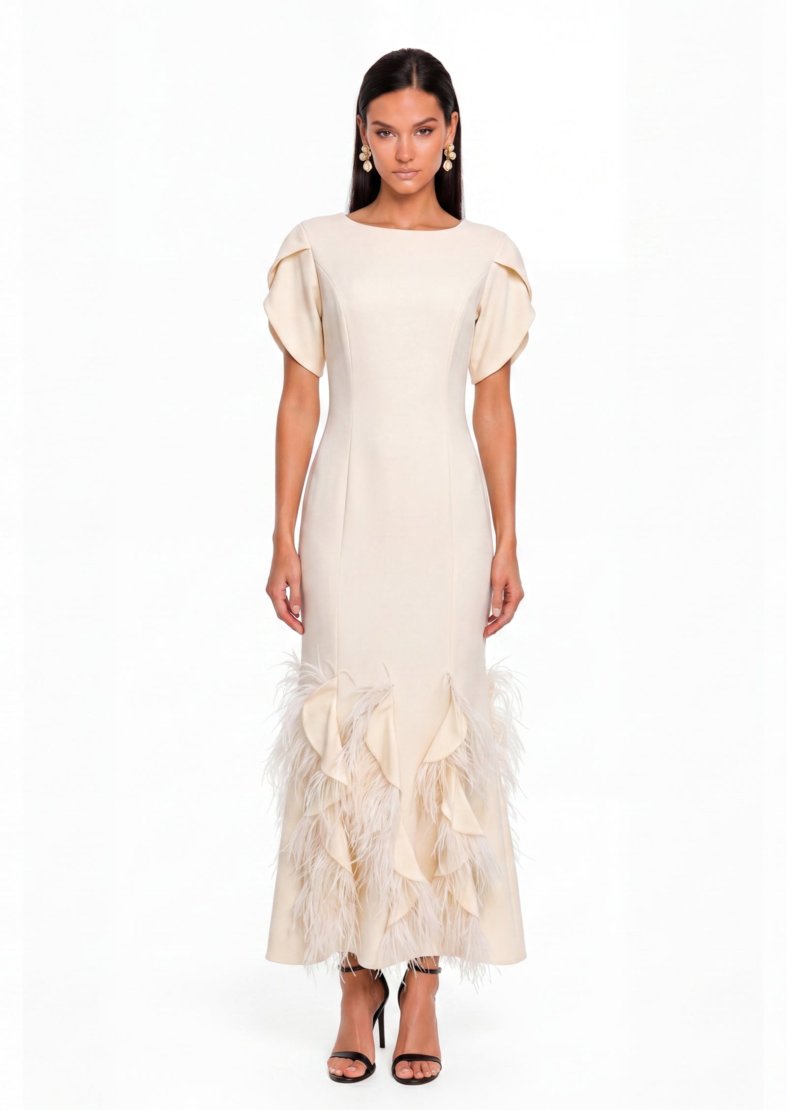 Idania Short Sleeve Feather Maxi Dress In White