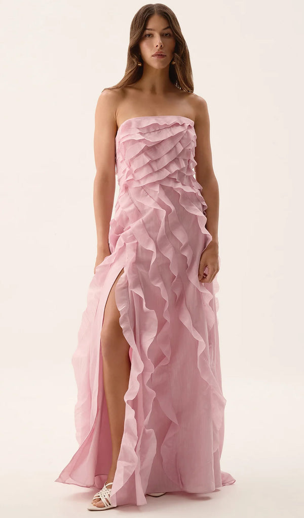 Irregular Ruffled Strapless Maxi Dress
