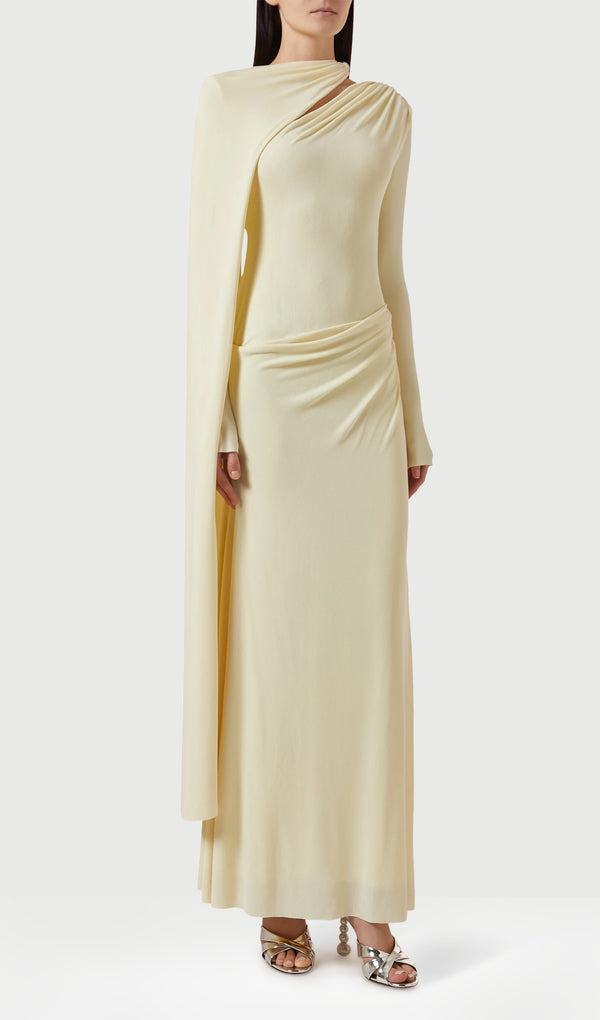 Jersey Cape-sleeve Maxi Dress In Yellow