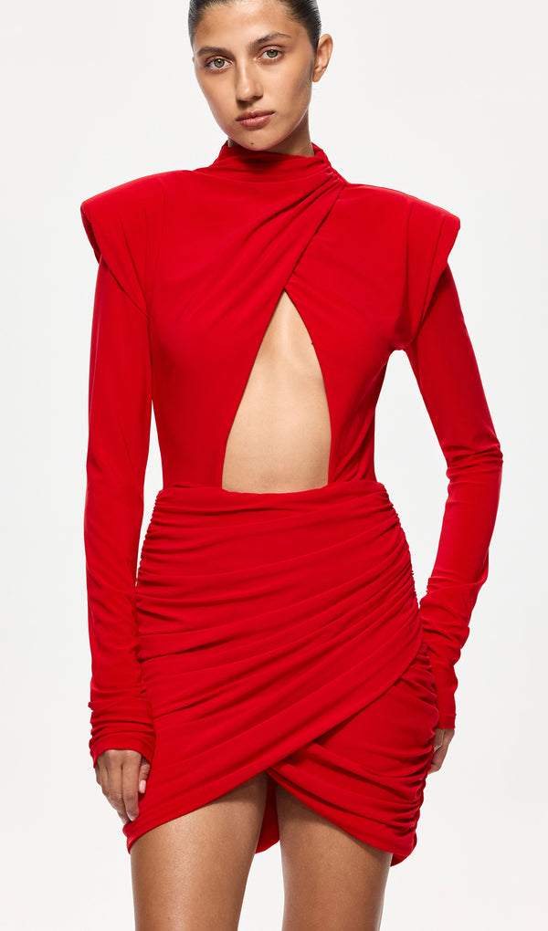 Jersey Cutout Draped Mini Dress In Red