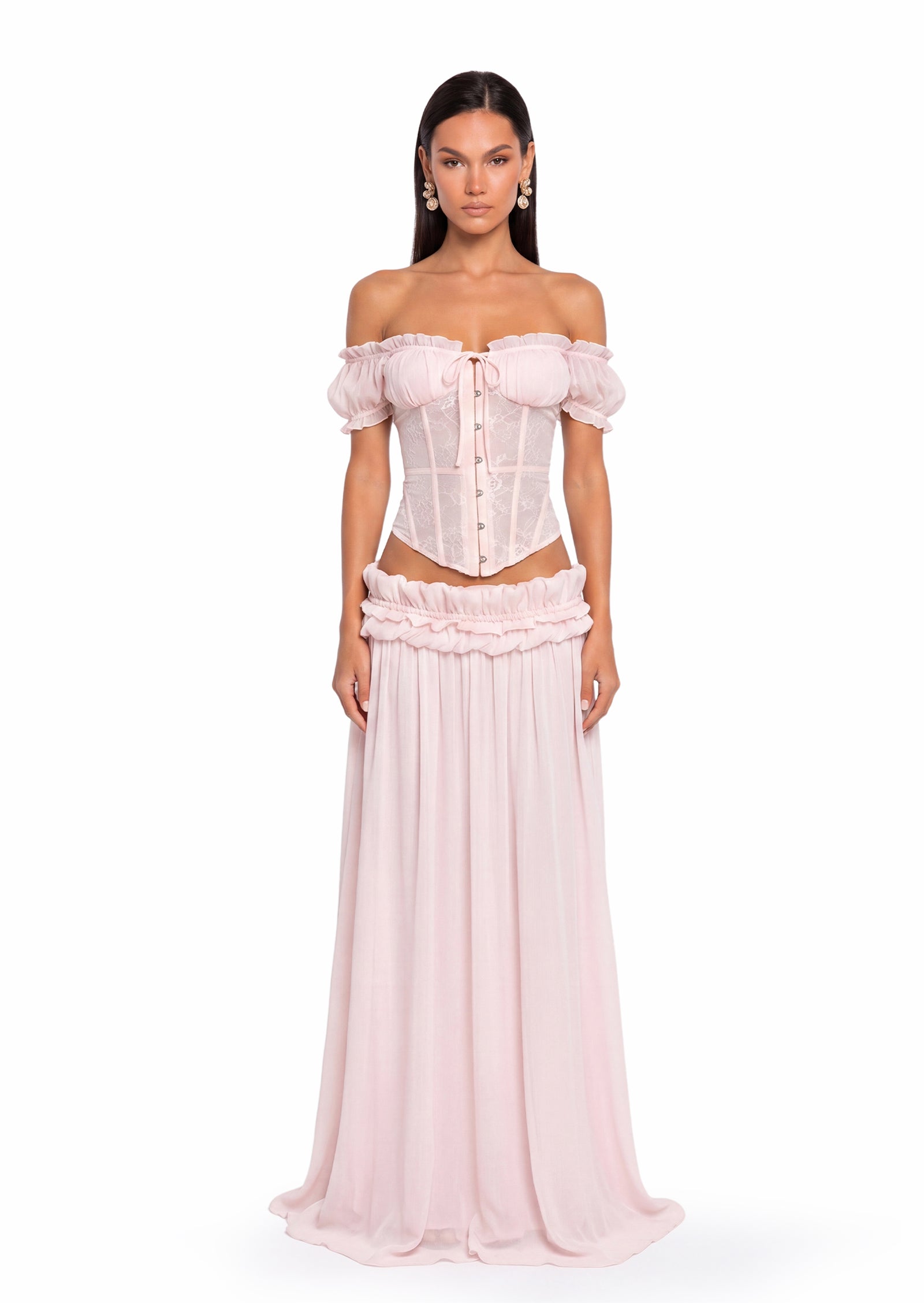 Kacy Corset &  Sheer Maxi Skirt Set In Pink