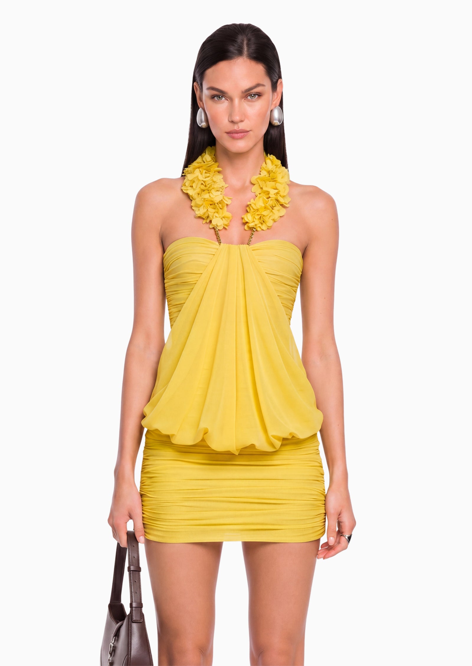 Karalyn Draped Mini Dress With Detachable Floral Chain