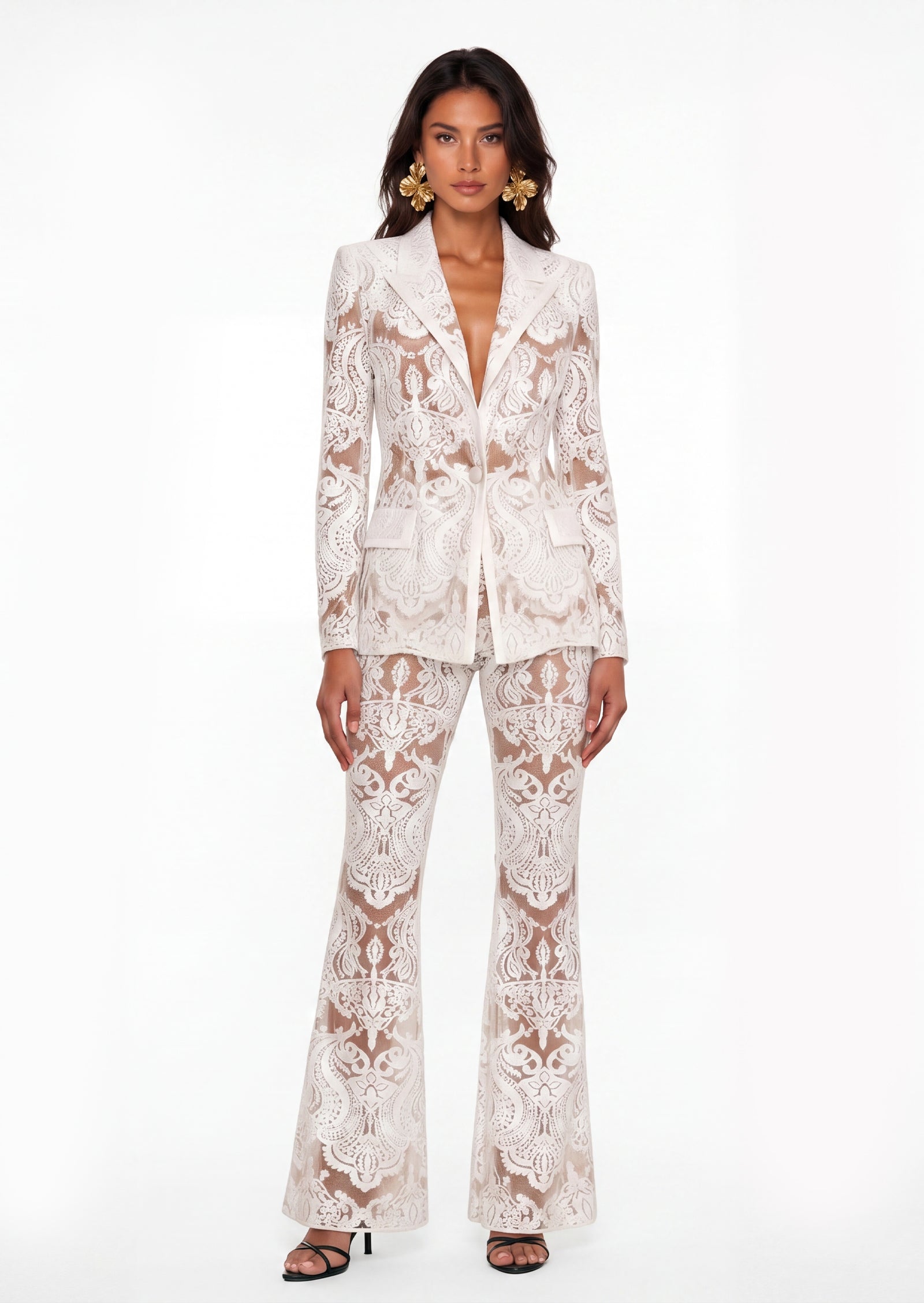 Keely Sequin Embroidered Blazer Suit In White