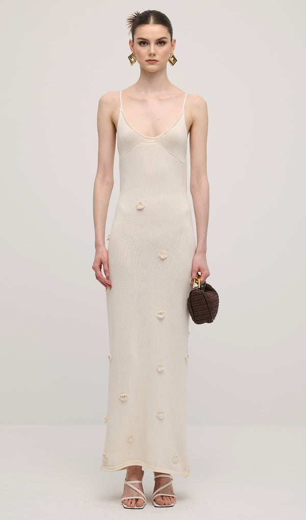 فستان ماكسي محبوك مع زهور - ذهبي 