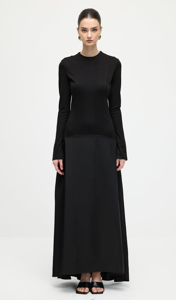 Knitted Satin Maxi Dress In Black
