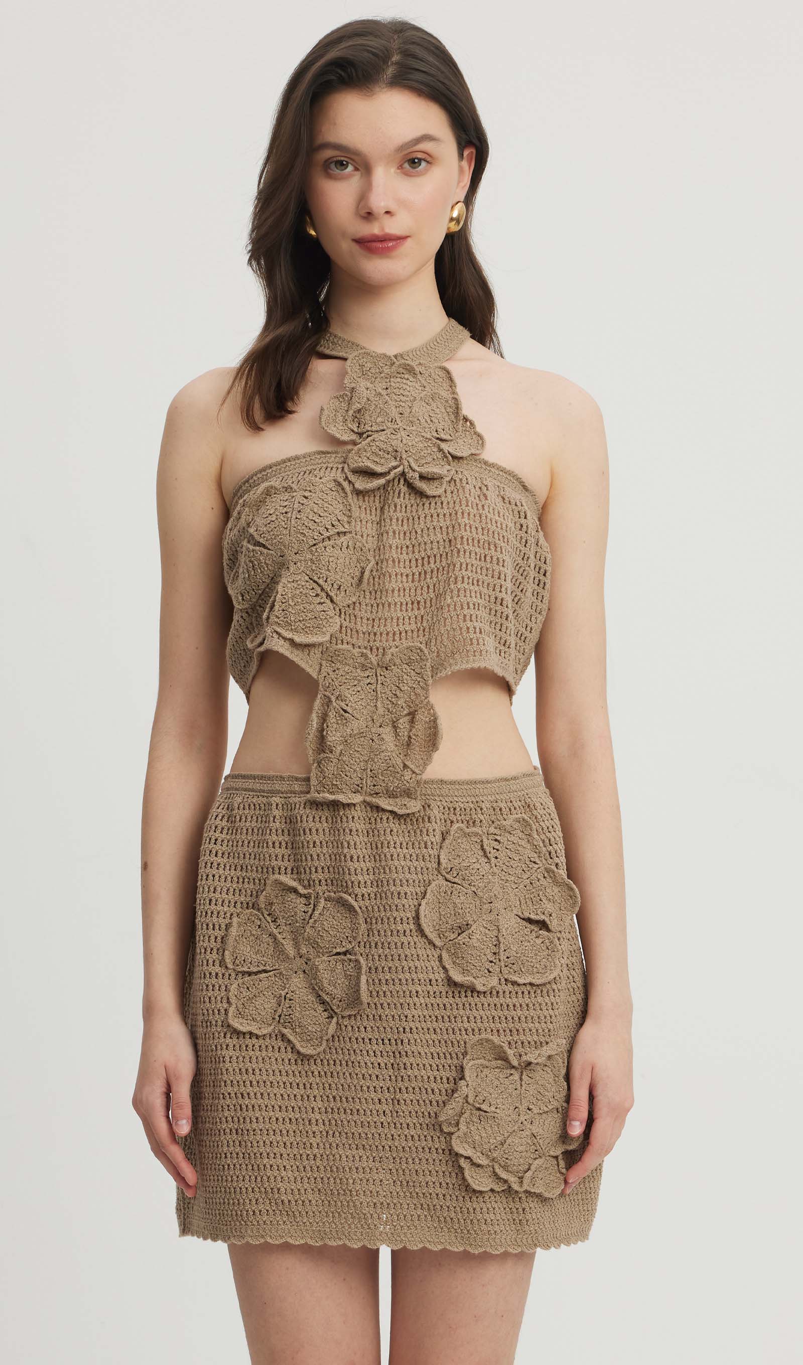 Knitted Flowers Hollow Out Mini Dress