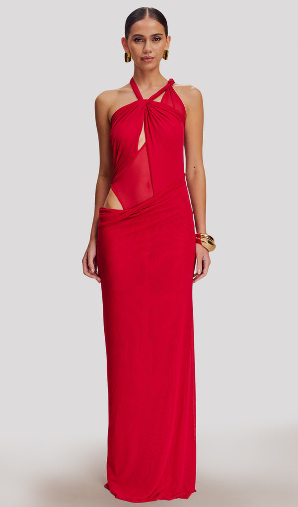 Knotted Mesh Maxi Dress In Red
