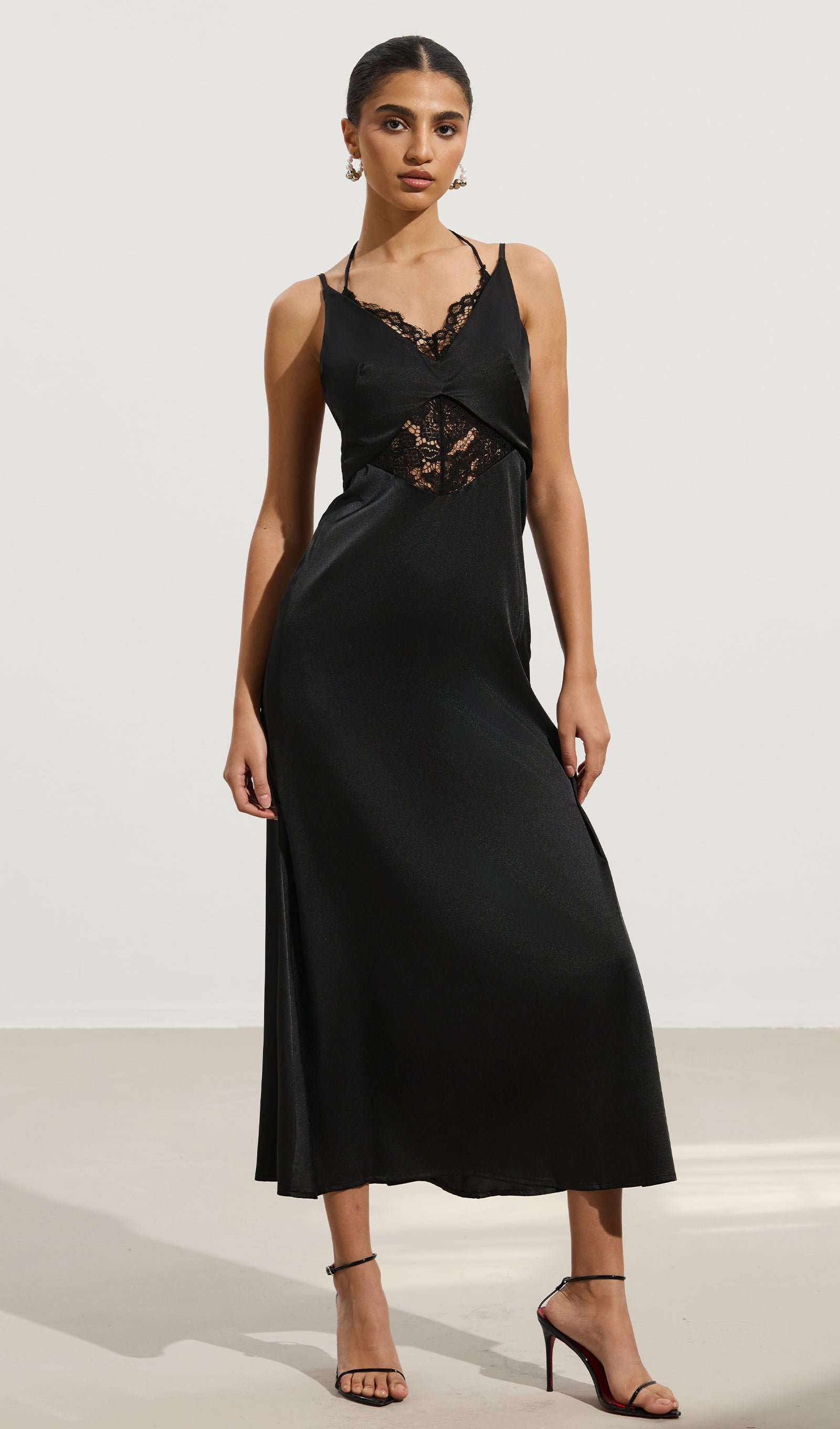 Lace-Trimmed Backless Halter Maxi Dress