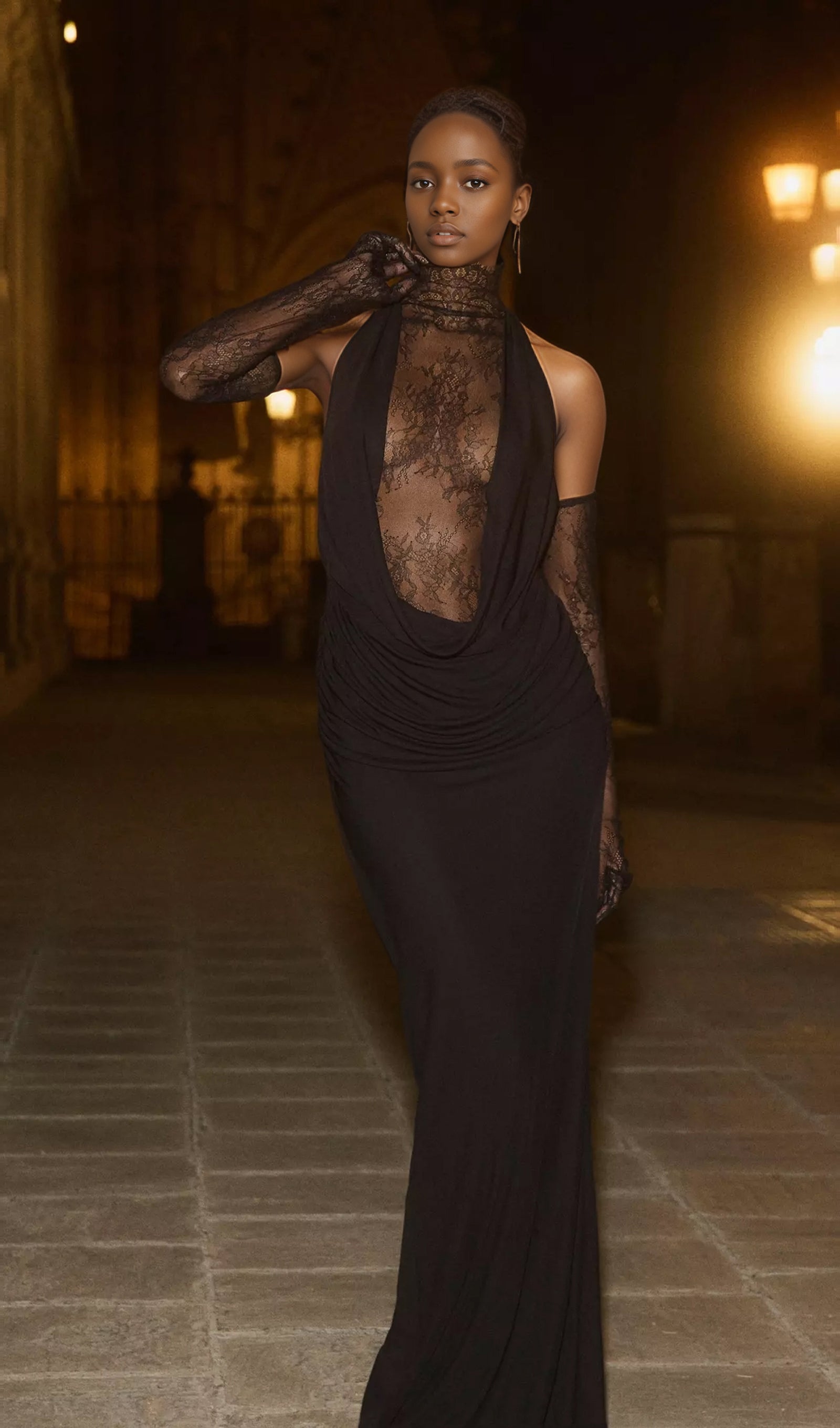 Lace Bodice Ruched Maxi Dress In Black