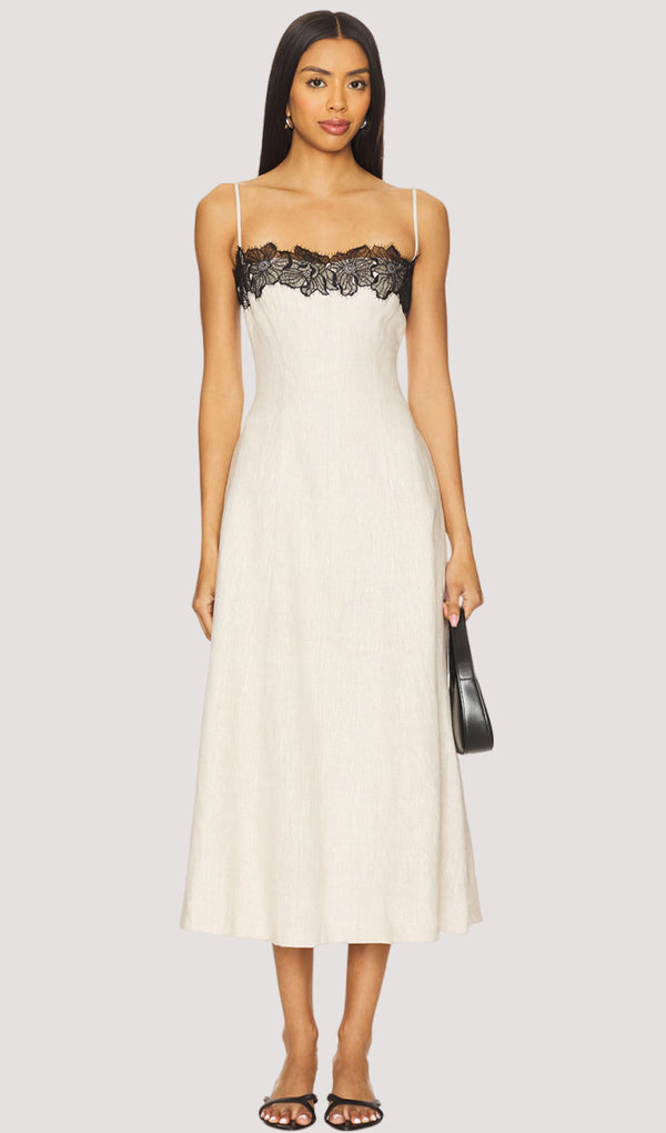 Lace Neckline Trim Midi Dress