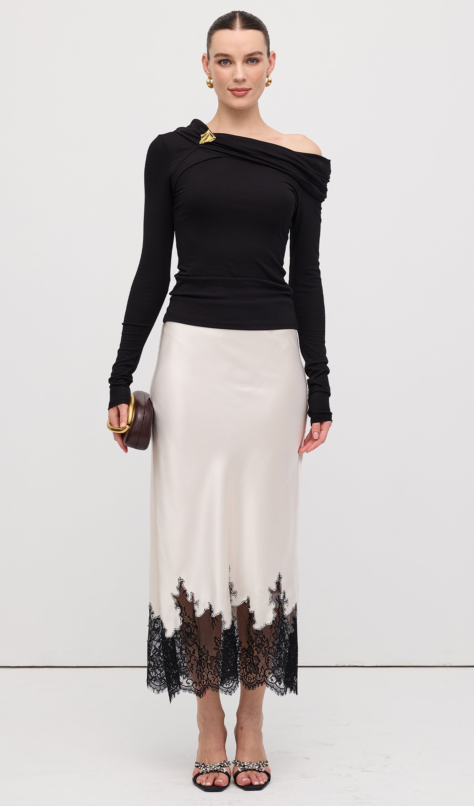 Lace Satin Midi Skirt